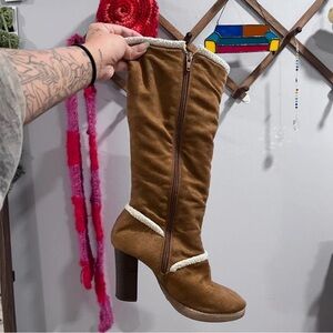 Women's Tan Suede Mid-Calf Heeled Boots with Cream Sherpa Trim